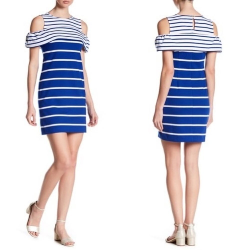 Vince Camuto Blue White Stripe Cold Shoulder Knee Length Shift Dress Size 2